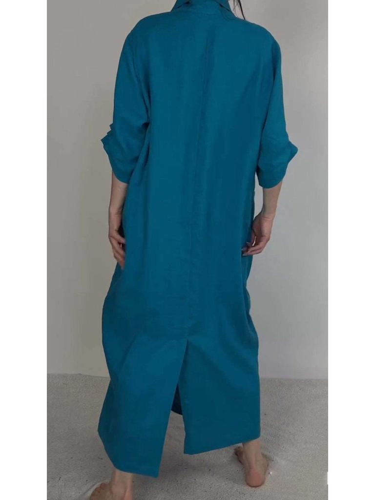 2026 Autumn Linen V-Neck Bathrobe Dress with Pockets - Solid Color, Casual, Loose, Slit Design