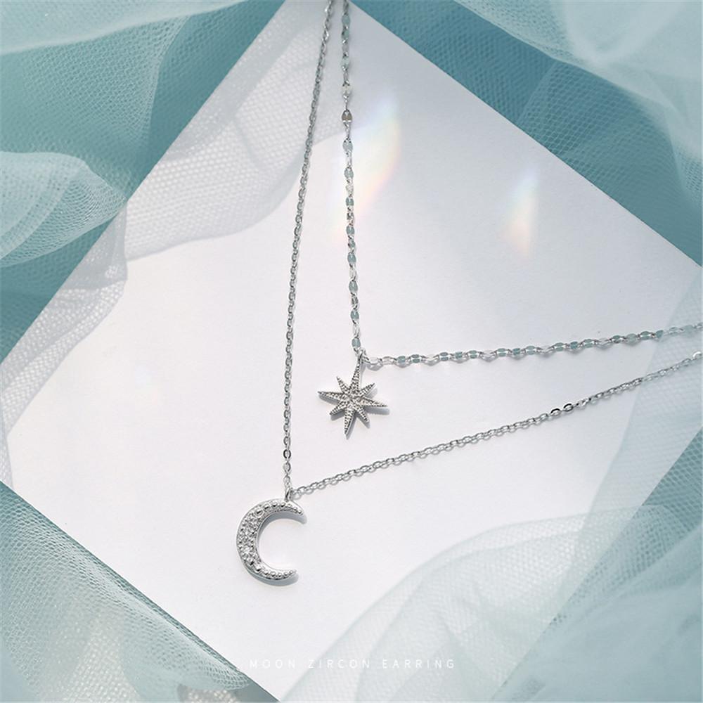 Trend Double Layer Star Moon Pendant Necklace For Women Girl Clavicle Chain Eight-pointed Star Necklace Simple Jewelry Gift