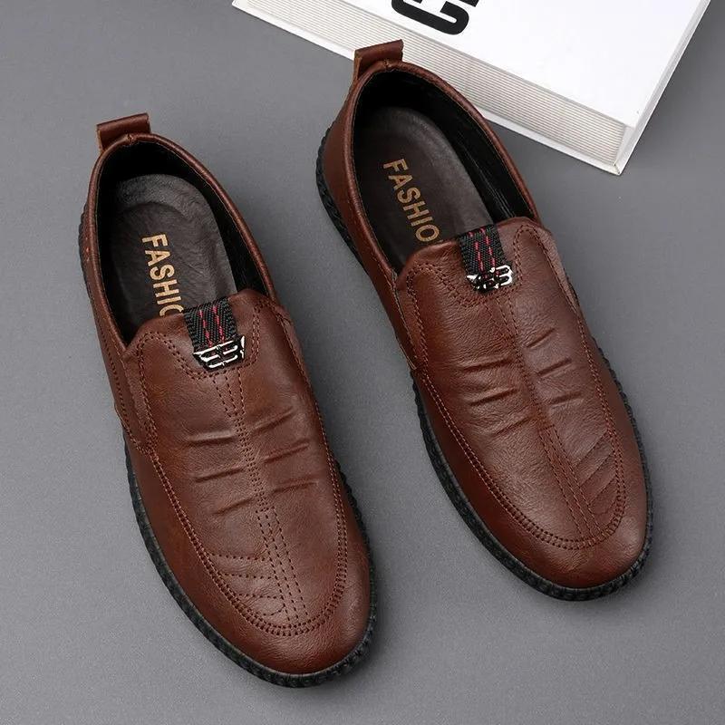 

Mens Casual Leather Shoes Non Slip Work Office Loafers Versatile Lightweight Round Head Walking Slip on Driving Footwear 39 коричневый