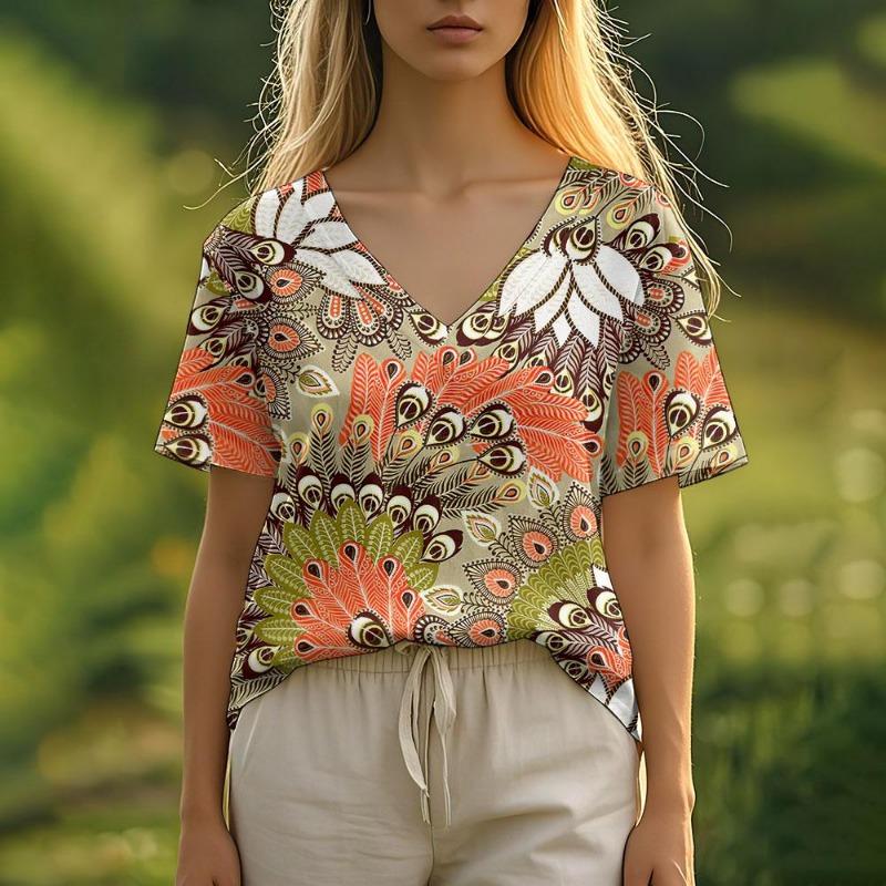 Summer Women's T-Shirt Floral Pattern Bohemian Style Casual Short-Sleeved V-Neck Loose Women's Clothes