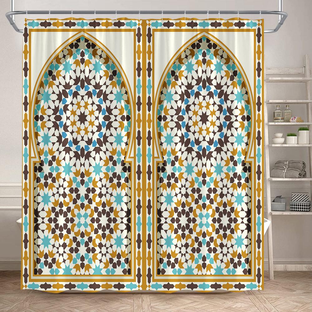 Vintage Moroccan Shower Curtain Ethnic Style Floral Art Retro Architecture Door Bathroom Curtain Polyester Home Decor With Hooks