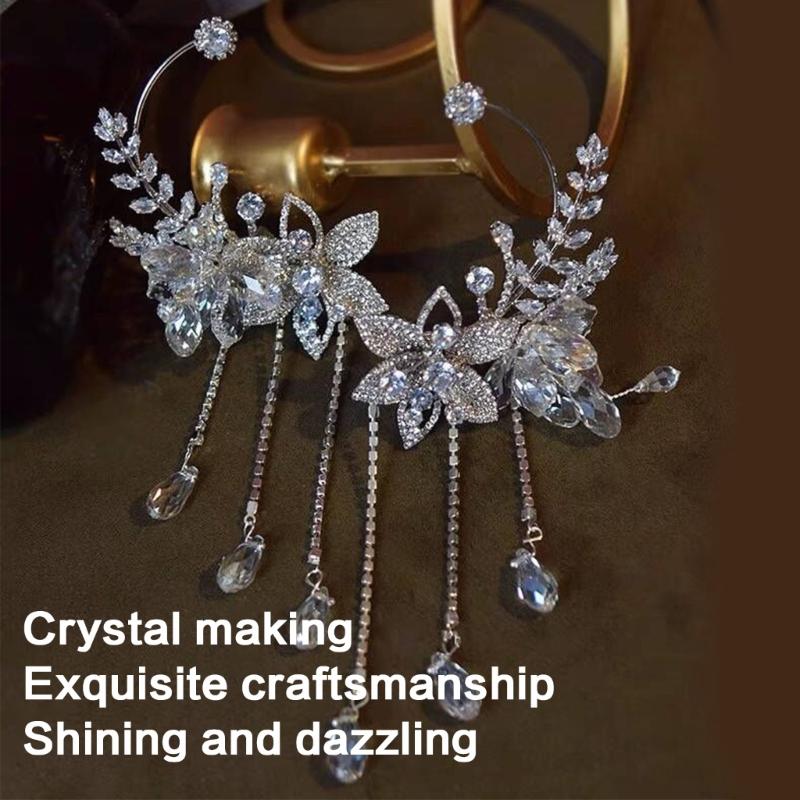 Crystals Bridal Headband with Forehead Chain Adjustable Wedding Crown/Ear Hangers Jewelry for Photography and Ceremony