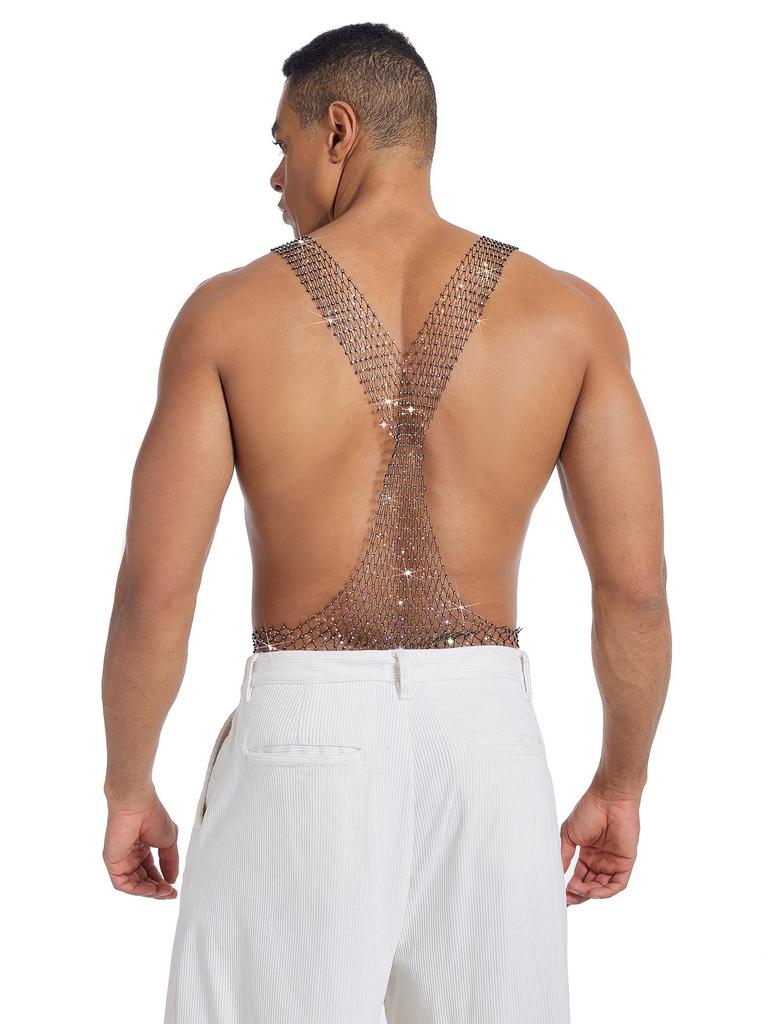 Men's Rhinestone Fishnet Vest - Sexy See-through Party Top with Flash Diamonds