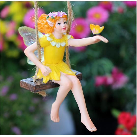 Fairy on a Swing Hanging Statue, Resin Flower Pendant Outdoor Decor Statue, Swing Fairy Ornaments for Yard Lawn Patio Balcony