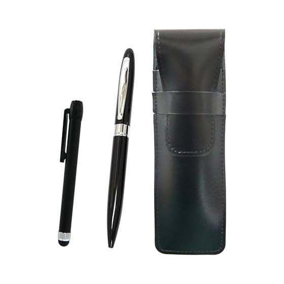 Slim Genuine Leather Pen Case Black, Metal Touch Pen Black, and Lasting Piece Metal Rotary Ballpoint Pen Set - Black, Made in Japan Genuine Leather