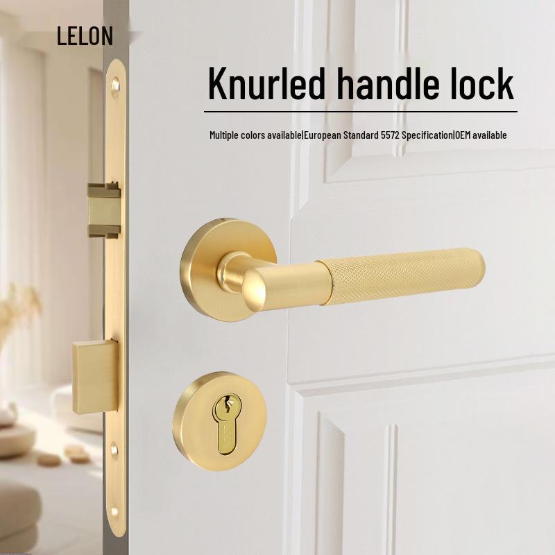 American Style Solid Gold Bedroom Door Lock with Knurled Handle