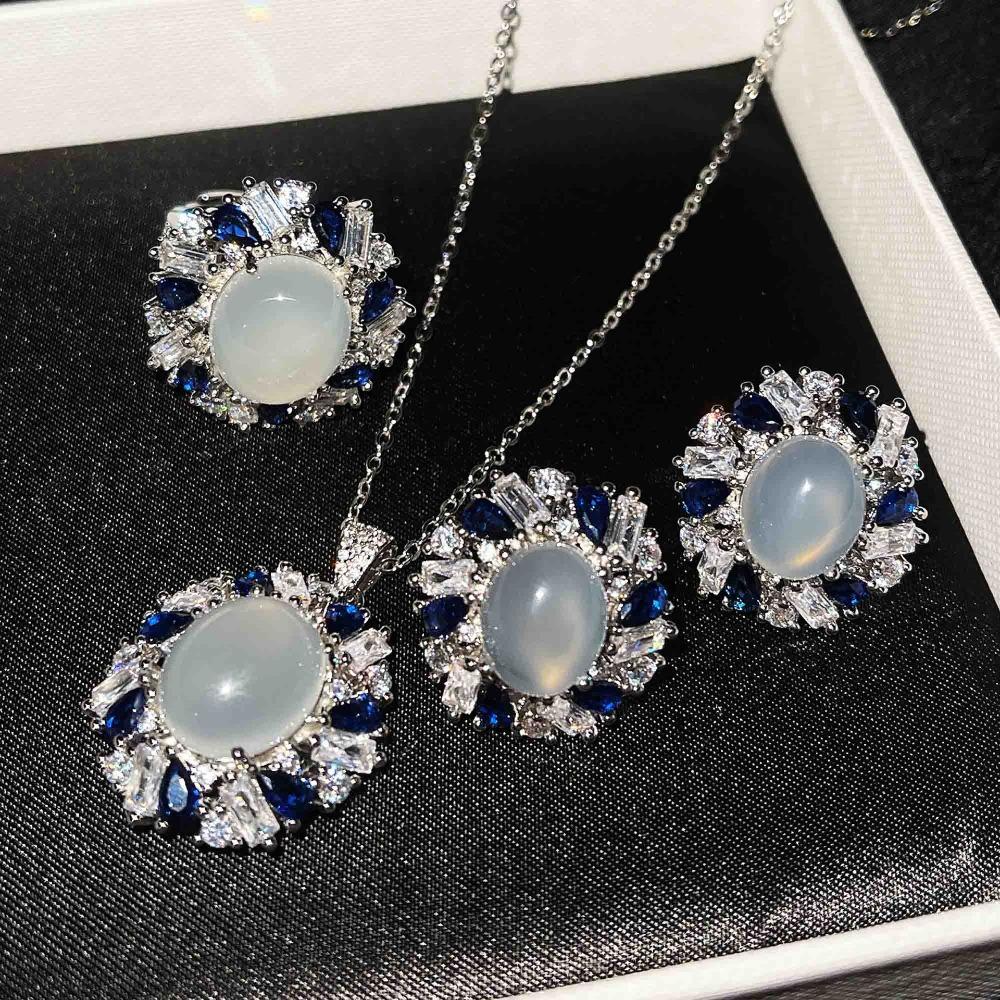 Brazilian Natural White Chalcedony Necklace Ice Glass Pigeon Egg Ring Banquet Earrings Jewelry Set for Women