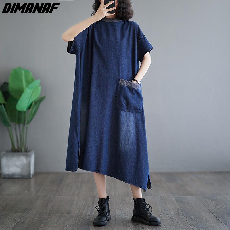 Dimanaf Plus Size 2024 Spring Summer Women Denim Dress Casual Vintage Loose Oversized Long Dress Irregular