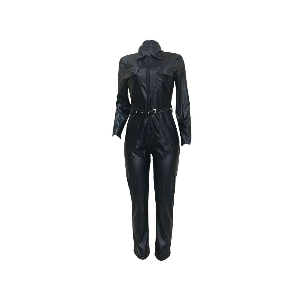 Mono de Mujer Y5072 de Cuero PU con Solapa y Bolsillos - Nuevo Estilo Europeo y Americano de Moda