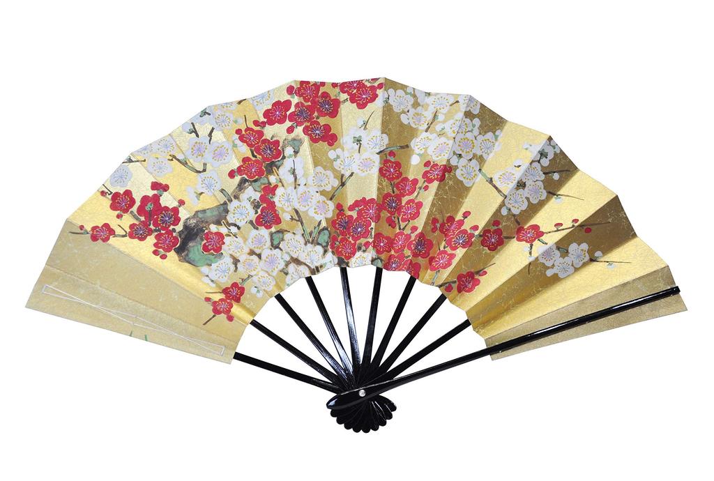 decorative bamboo and white with fan boxed <Kyoto Fan> Hand-painted double-sided fan, cutter/red plum, stand,