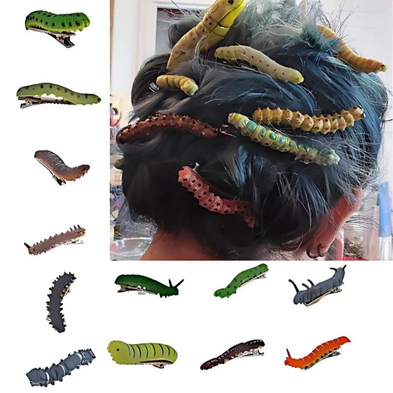 6/12Pcs Simulation Spooky Caterpillars Hair Clip Funny Creative 3D Crawl Insect Duckbill Clip Hairpin Prank Party Hair Accessory