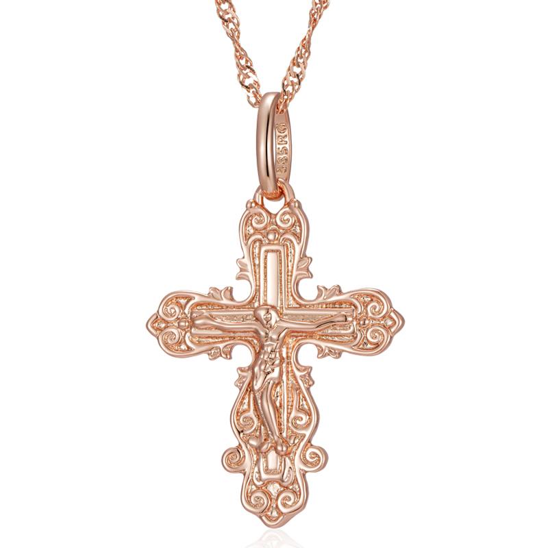 Luxus Rose Gold Farbe Kreuz Anhänger Halskette Für Frauen Männer Orthodoxe Kirche Jesus Glänzendes Charm Täglicher Feinschmuck beige