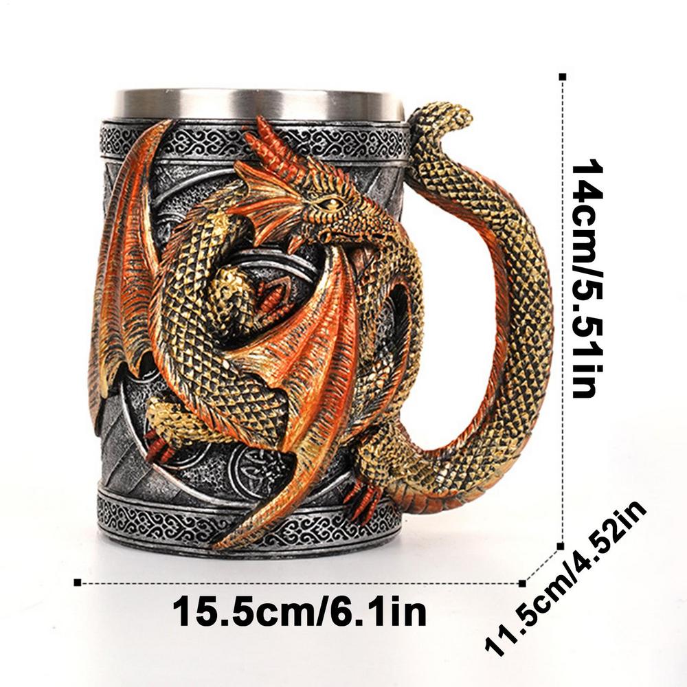 Medieval Double Dragon Goblet Creative 3D Beer Mug Resin Stainless Steel Coffee Mug Wine Cup Retro Dragon Beer Mug Coffee Cup