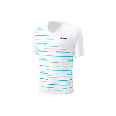 Li Ning Badminton Serie Gestreept V-hals Wedstrijdsport Korte Mouw T-shirt Unisex Tops Standaard-Wit AAYU155-2