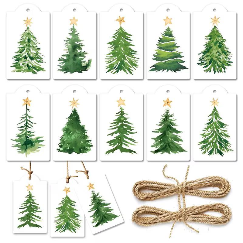 Christmas Tree Decoration Cards (60pcs) - Watercolor Pine Tree DIY Tags, Holiday Gift Decoration with String