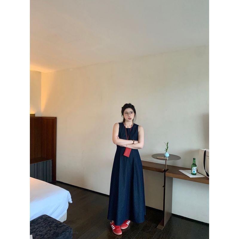 M5T6 Slightly Plus-Size Urban Weekly Fashion/Vintage Blue Sleeveless Dress Plus-Size Stylish Denim Vest Long Dress Cowboy Blue L