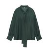 Womens Solid Color Long Sleeve Blouse With Bow Tie Collar Loose Fit Office Casual Shirt