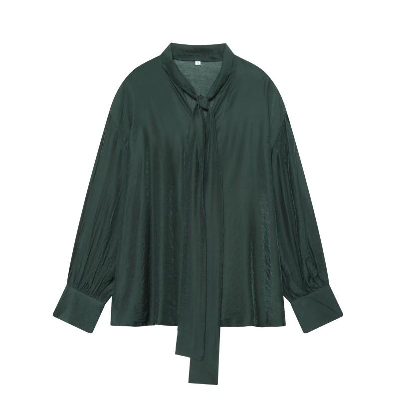 Womens Solid Color Long Sleeve Blouse With Bow Tie Collar Loose Fit Office Casual Shirt