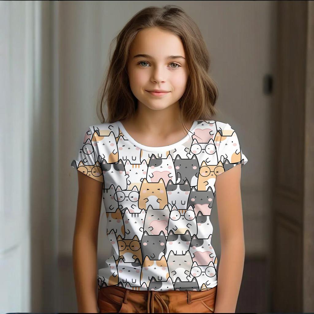 Girl Clothes Summer Cartoon Cat Graphic Children's Clothing Kids Art Doodling Short Sleeve T Shirt Causal O-Neck Children Top