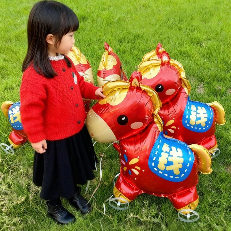 2026 Cartoon Animal Theme 3D Standing Cute Horse Aluminum Film Balloon With Wheels Children Birthday Party Photo Prop Decoration
