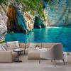 2D Mediterranean Sea Tapestry Tropical Cave Lagoon with Clear Turquoise Water Background Cloth