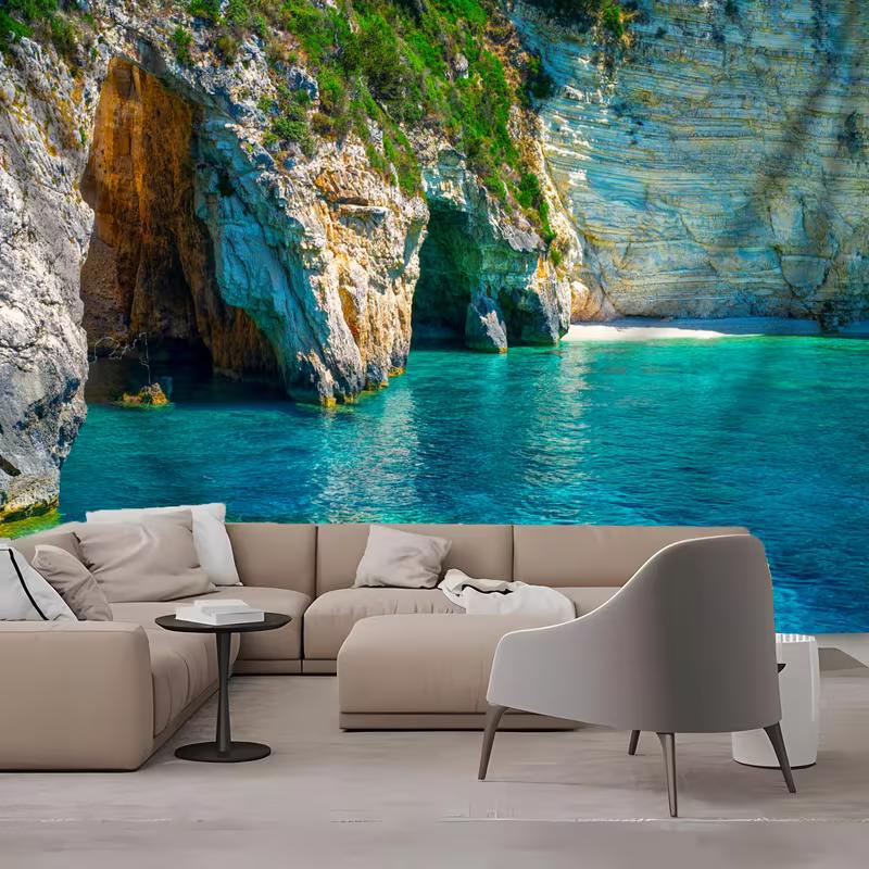 2D Mediterranean Sea Tapestry Tropical Cave Lagoon with Clear Turquoise Water Background Cloth