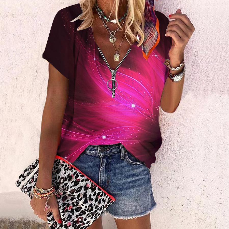 Dame Topp Sommer Ny Mote Rose Blomst Blått Mønster Trykt Casual Glidelås V-hals Kort Erm Topp