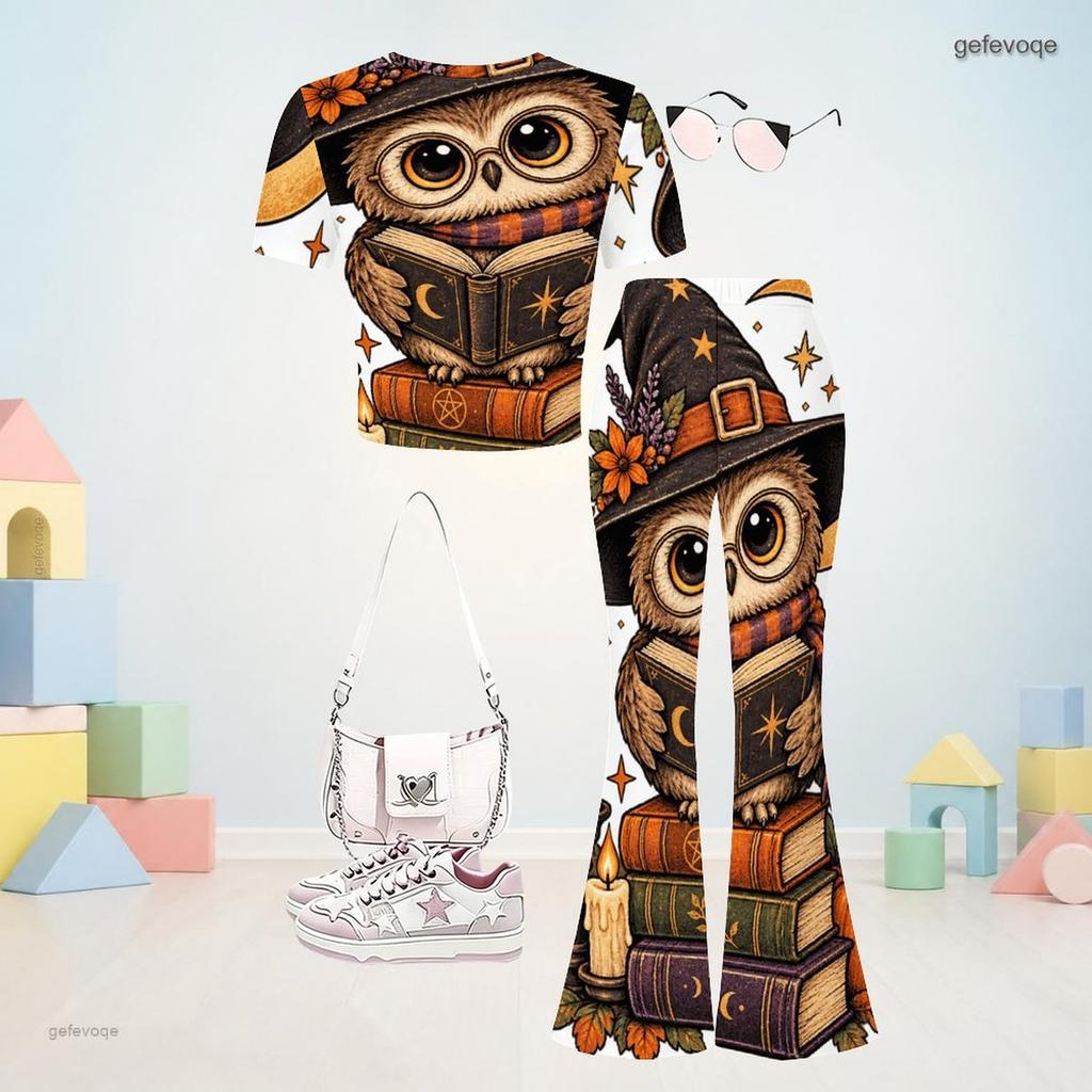 Girls Owl Book Printed Round Neck Short Sleeve Top Flared Pants Two Piece Set