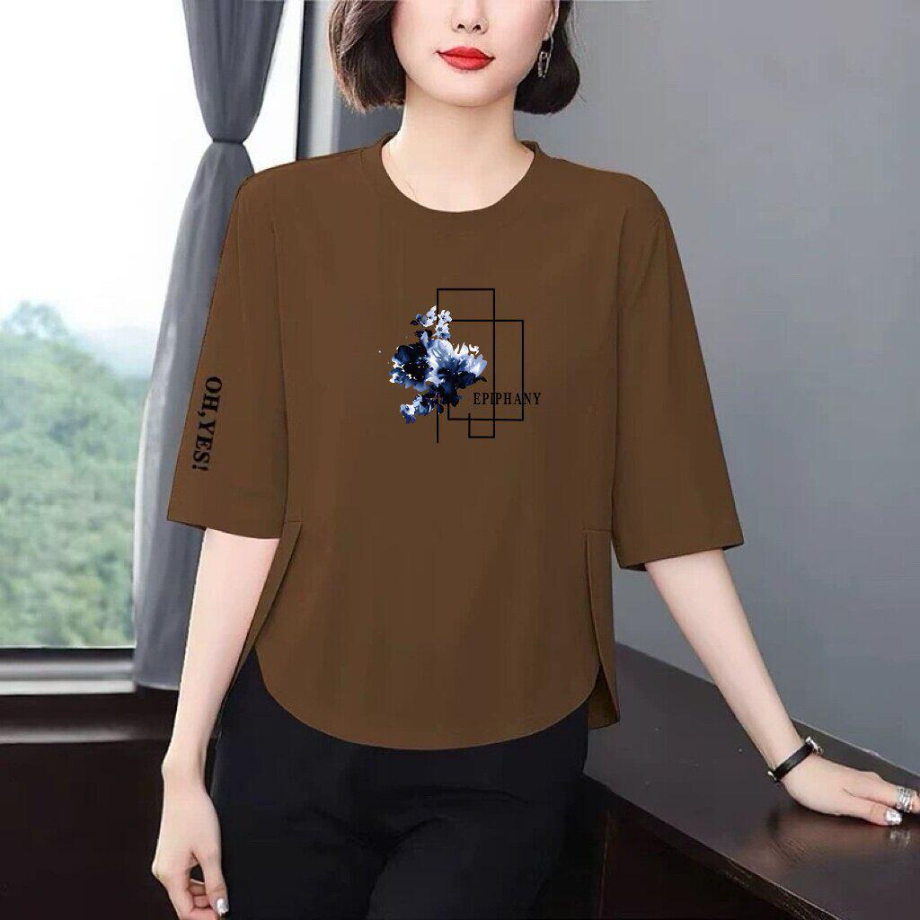 Women's Seven-Sleeve Stylish Printed T-Shirt – Loose, Slimming, Versatile, Age-Reducing Top