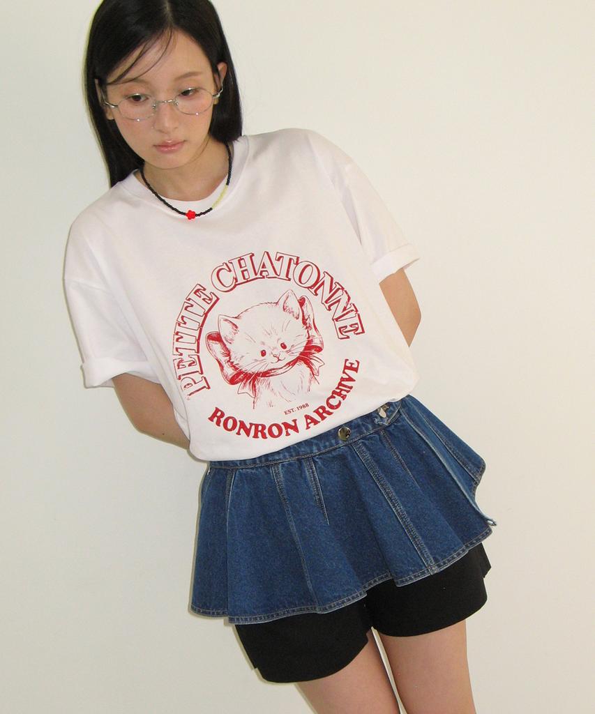 RONRON Ribbon Chatonne Over Fit T Shirt White