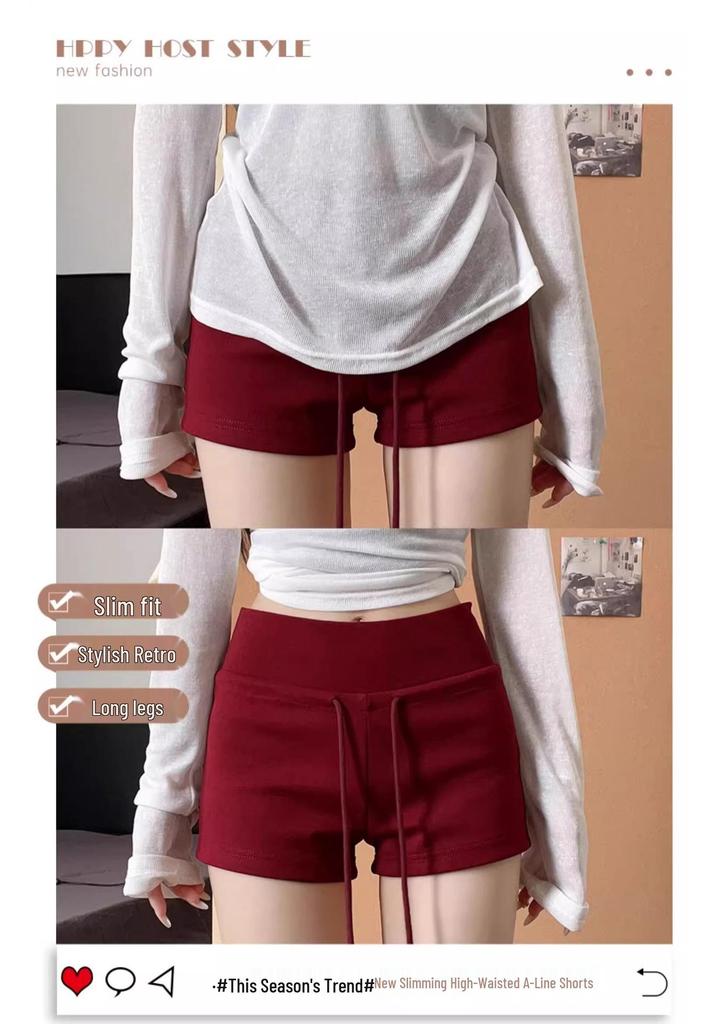 Women's Red Spicy Girl Yoga Shorts - Low-Waist, Slimming, Drawstring, Hip-Hugging Summer 2025