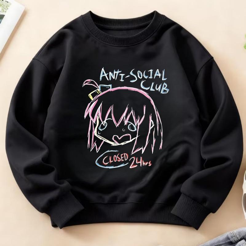 Kids Crewneck Sweatshirt, Anti-Social Anime Girl Loungewear Graphic Print Top for Autumn Winter