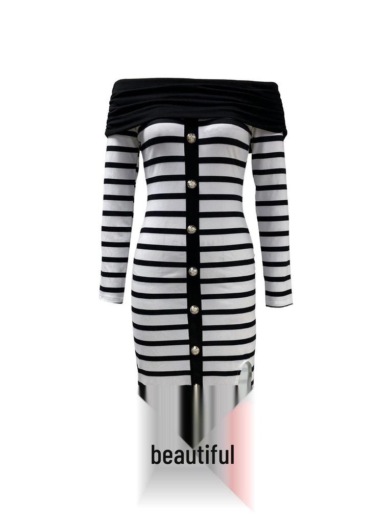 Slim Fit Striped Knit Dress with Slit - One-Shoulder Sexy Autumn/Winter Wear