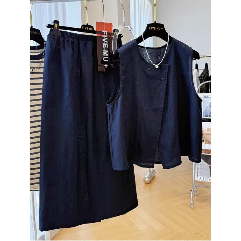 

Women s Unique Pure Linen Summer Outfit - Skirt and Vest Set M