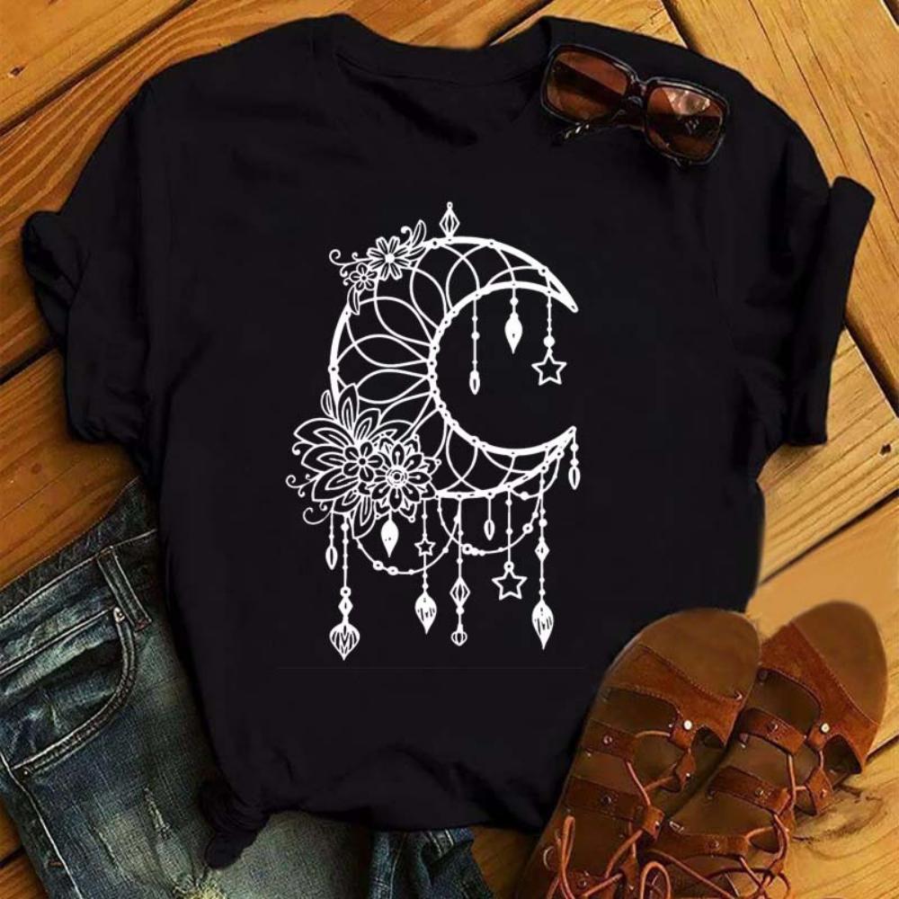 

Gold and White Sun Moon Stars Print Women T Shirt Short Sleeve Women Tshirt Durable Plussize Casual Tshirt Daily Streetwear S