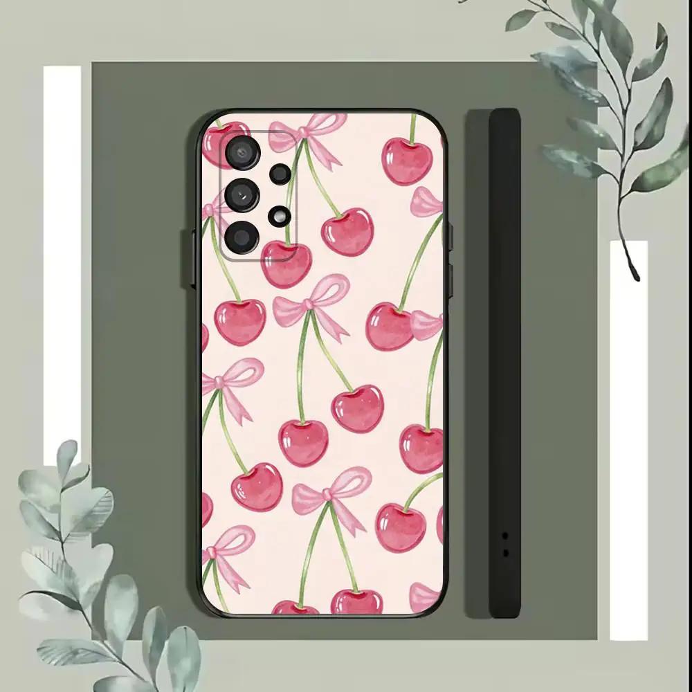 Cute Fruit Pink Cherries Phone Case For Samsung S25,S24,S21,S22,S23,S30,Ultra,S20,Plus,Fe,Lite,5G Black Cover