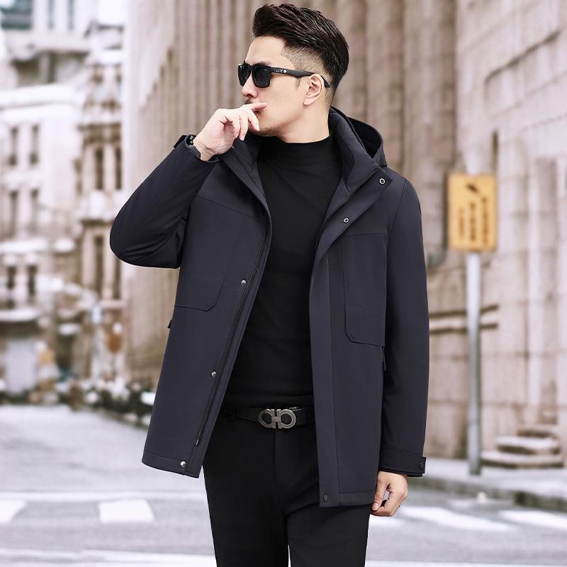 Men's Hooded Winter Jacket with Detachable Liner – 90% Goose Down, Warm Mid-Length.