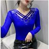 Streetwear Women's Clothes T-Shirt Spring Autumn High Quality Hot Diamonds Long Sleeve Tops Ladies Sexy V-Collar Mesh Tees