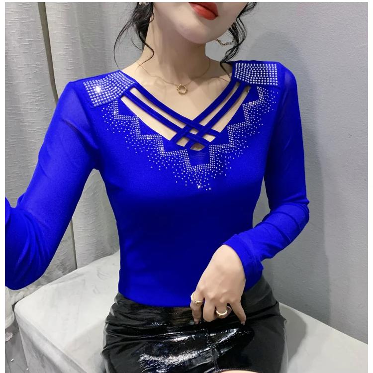 Streetwear Women's Clothes T-Shirt Spring Autumn High Quality Hot Diamonds Long Sleeve Tops Ladies Sexy V-Collar Mesh Tees