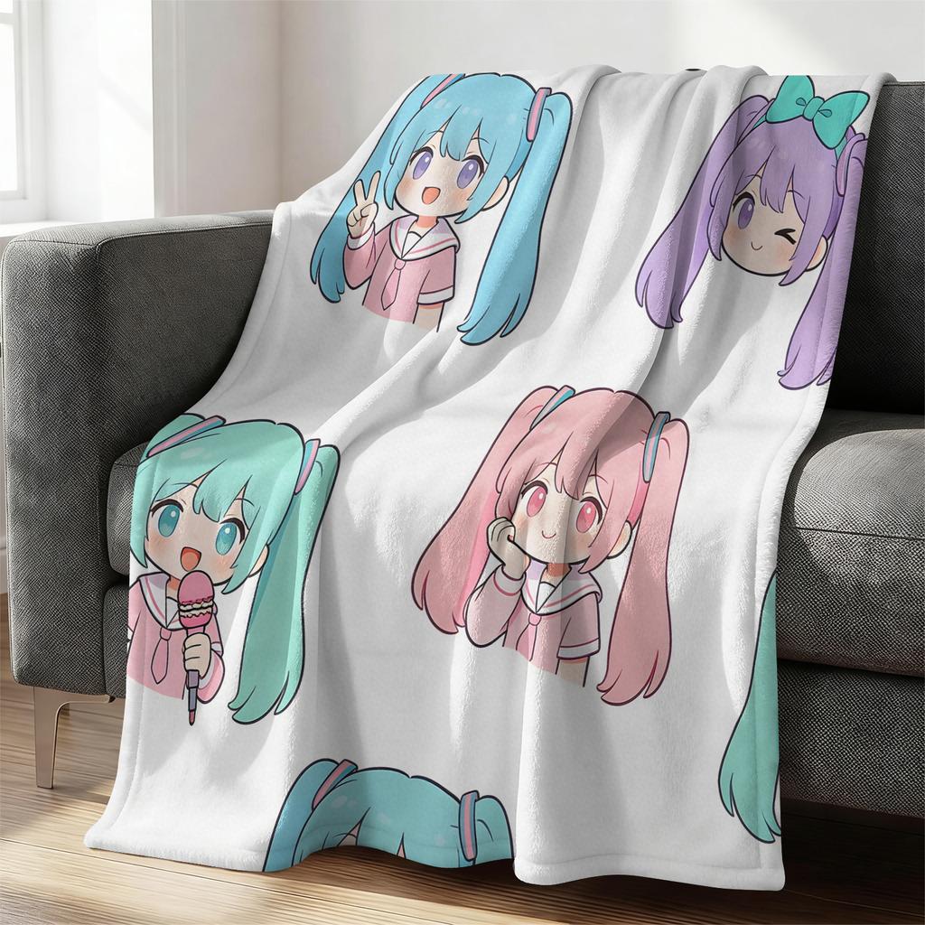 Hatsune Miku Pastel Chibi Print Flannel Throw Blanket Bedroom Decor Cute Anime Nap Blanket Air Conditioner Throw Sofa Throw Cove