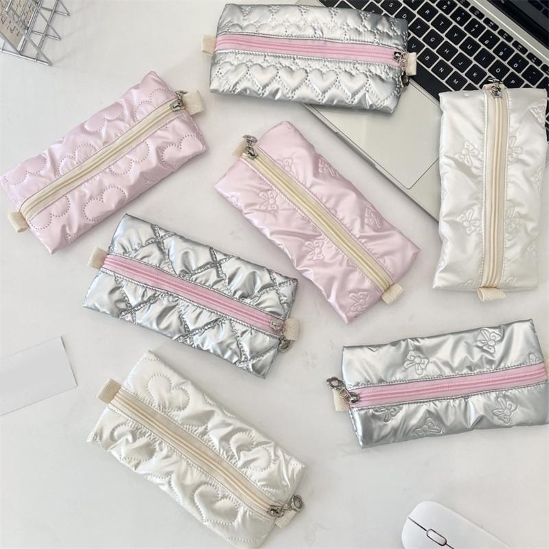 High Capacity Pen Bag Bowknot Print Pencil Case Metallic Color PU Pen Pouches Portable Pen Organizers Travel Makeup Bag
