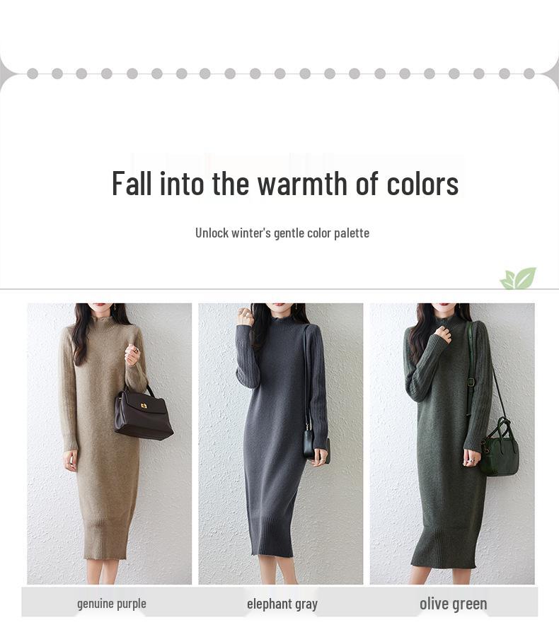 Rochie groasă de lână pentru femei - Lungă, largă, cu guler semi-înalt pentru toamnă/iarnă