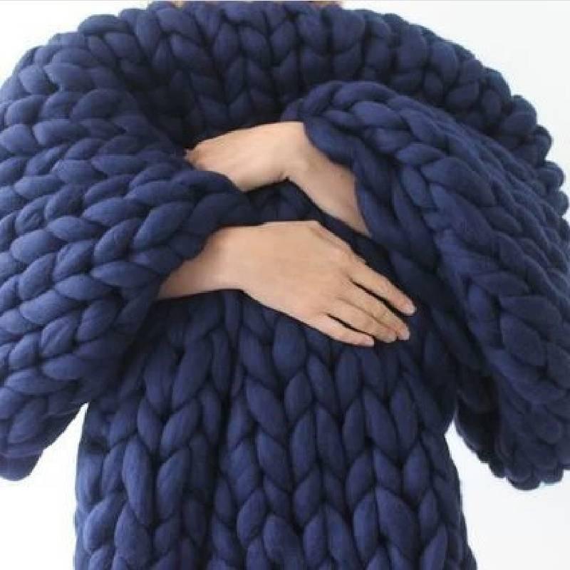 Deep Cozy Blue Handcrafted Blanket With Oversized Knit For Living Room And Bedroom Decor