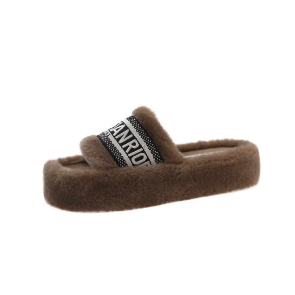 Fashion Fashion Brand Fluffy Slippers Women 2024 Autumn and Winter New Thick Bottom Open-toe Flip-flops Wear Warm Cotton Slippers