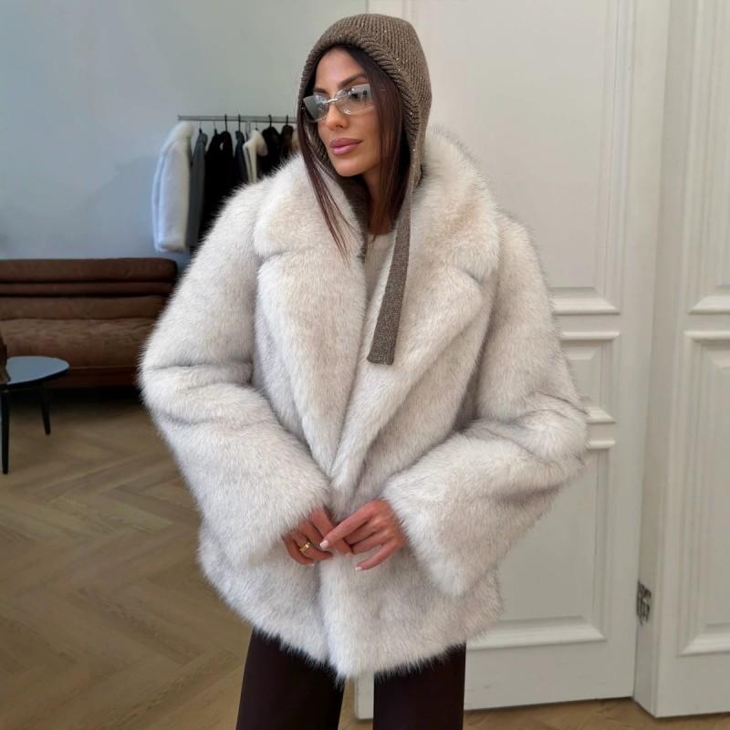 Womens Faux Fox Fur Coat Mid-Length Winter Outerwear Warm Plush Jacket Youth