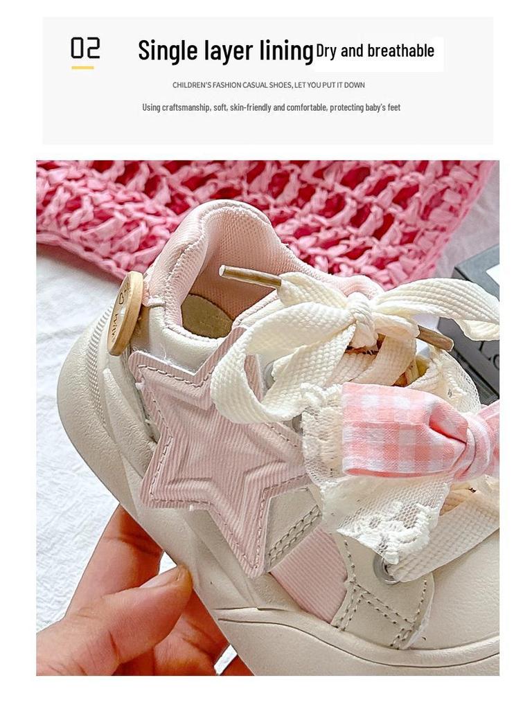 2025 New Little Girls' White Skate Shoes - Thick Soled Casual Sports Sneakers for Middle and Big Kids
