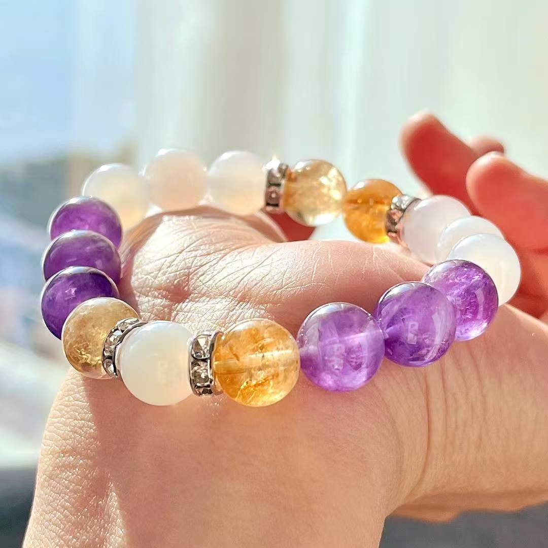 Retro High Quality Natural Large Particle 10Mm Amethyst Citrine Chalcedony White Bracelet Bracelet