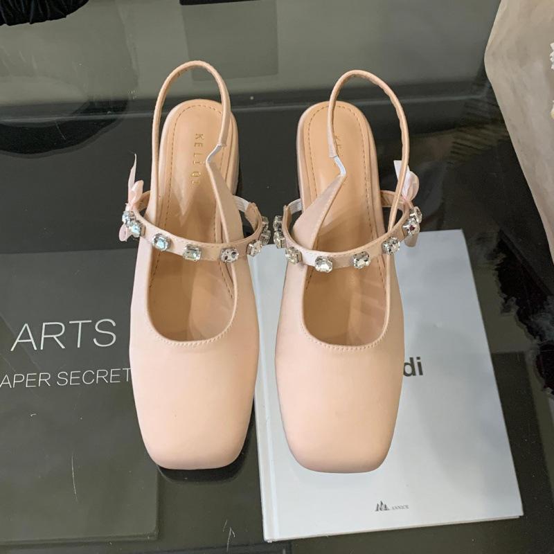 2025 new retro Mary Jane single shoes back strap summer square head medium heel French bag head sandals women's spring and autumn