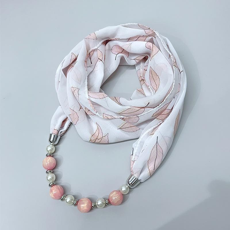 Chic Printed Scarf Necklace with Pearl and Bead Accents – Lightweight Chiffon Infinity Scarf for Women, Fashion Statement Accessory