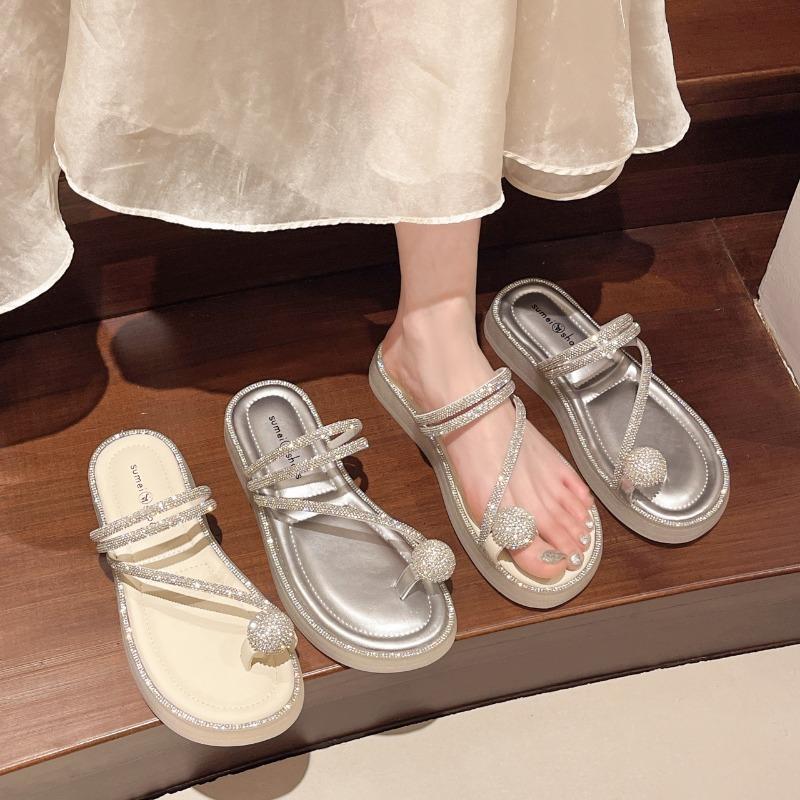 Beautiful Slippers Women's Summer Outer Wear New Set of Toe Rhinestones with Skirt Flat-bottomed Beach Sandals